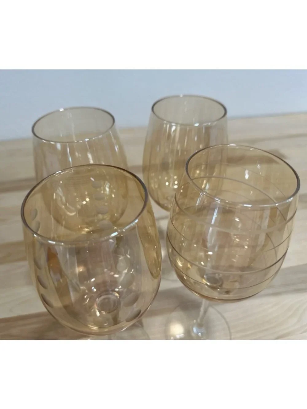 4 Pc. Mikasa Cheers Amber Gold Wine Glass Etched Different Patterns Striped Dots